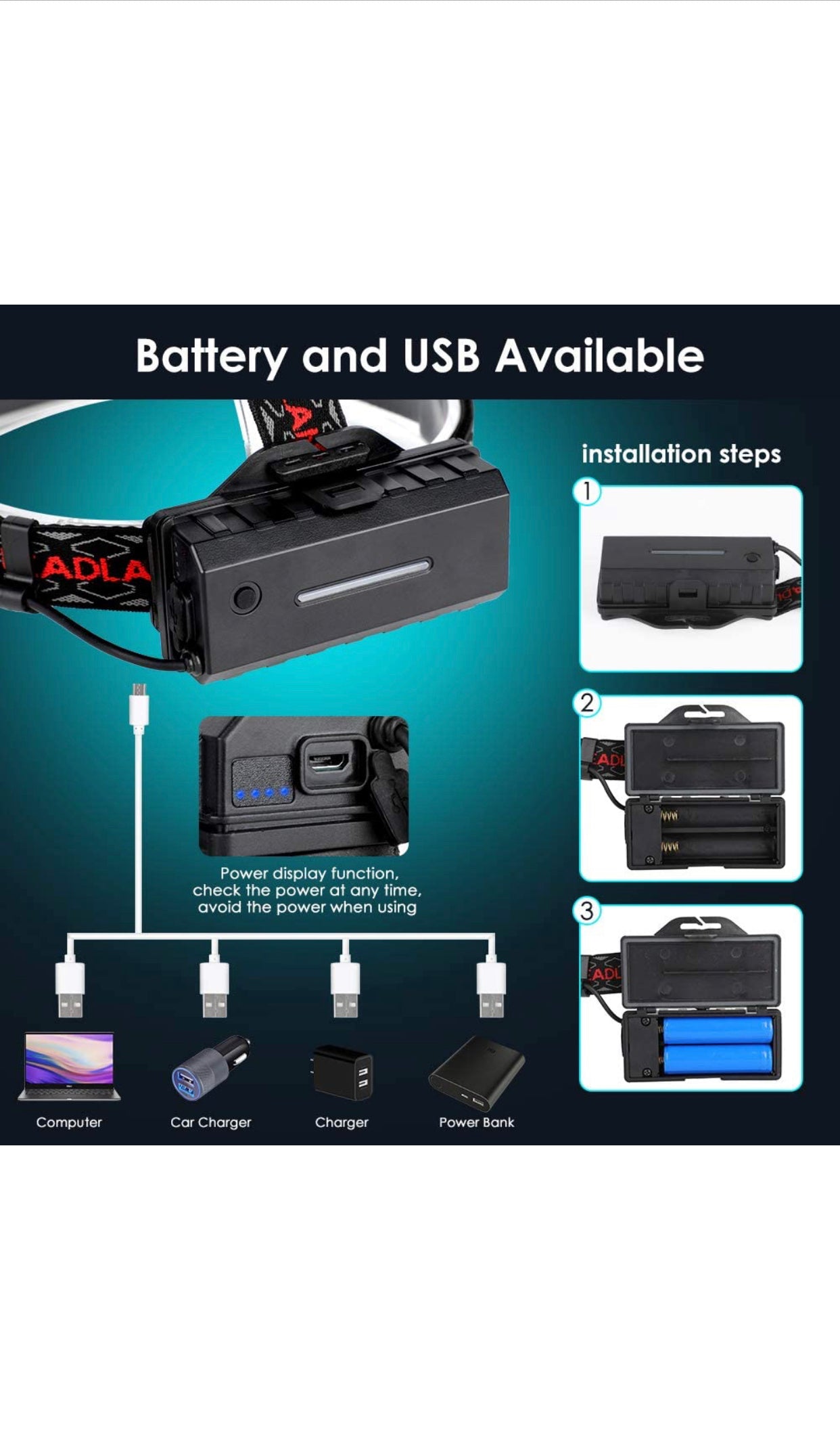 Lampe Frontale LED, Puissante USB Rechargeable avec 6 LEDs, 6000 Lumen, 8 Modes D'éclairage neuve