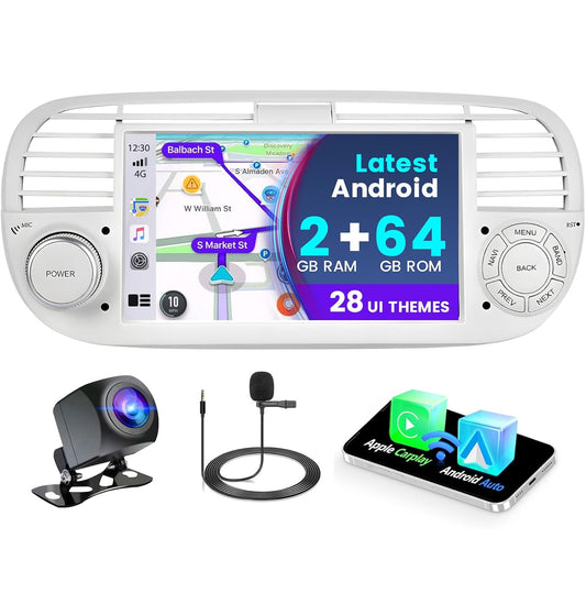 Autoradio 2+64G Android pour Fiat 500 2007-2015 avec sans Fil Carplay Android Auto, Ecran Tactile 7 Pouces avec Bluetooth/WiFi/GPS/Caméra de Recul/FM/RDS/SWC