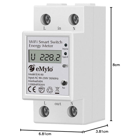 Compteur d'énergie eMylo Smart WiFi, compteur numérique monophasé DIN rails LCD, compteur de moniteur de consommation d'électricité, 60A 90-250V, support Alexa Google Assistant APP télécommande pour la maison, l'appartement