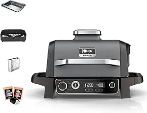 Ninja Woodfire barbecue électrique, grill, fumoir & air fryer, barbecue extérieur 7 en 1, grill, air fryer, fumer, rôtir, four, résistant aux intempéries, antiadhésif, portatif, gris/noir OG701EU