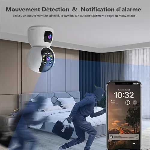 Caméra Surveillance WiFi Sans Fil Interieur 2MP+2MP Double Objectif Babyphone