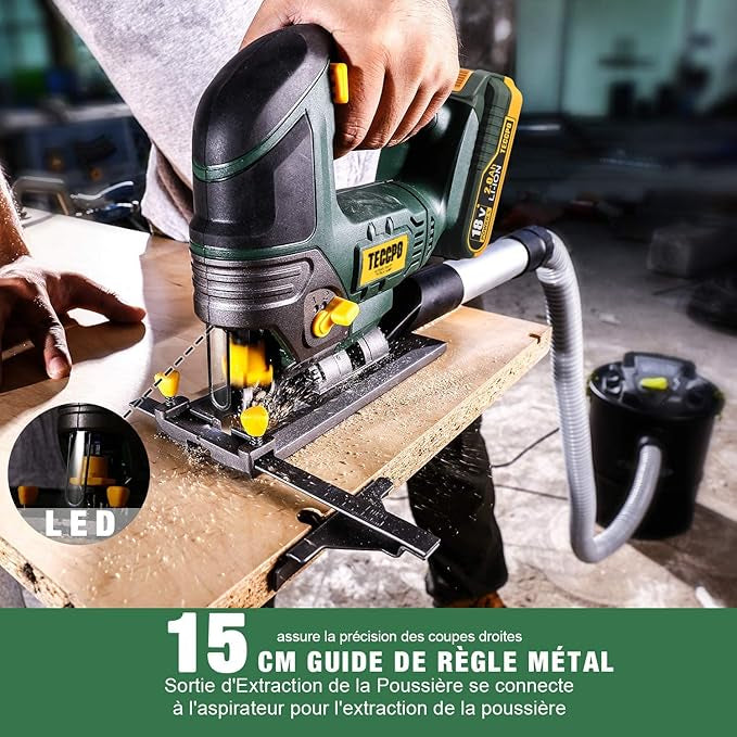 Scie Sauteuse sans Fil TECCPO 18V, 90mm dans le bois, 90mm dans PVC, 10mm dans l'acier, 2 x 2.0Ah Batteries, 2300RPM, 6 Lames, Lampe LED, 45°Angle de Coupe Max, Boîte de Transport