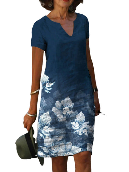 Robe "Gipsy-Linen" – Mi-Longue, Col en V & Imprimé Floral Artistique
