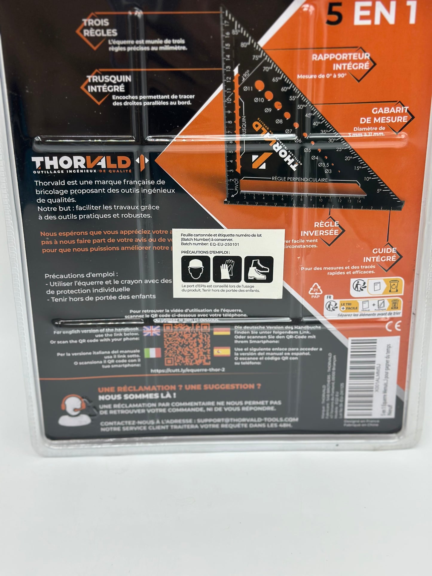 5 en 1 Equerre Menuisier 180 mm - Inclus Crayon Chantier - Multifonction : Trusquin / Raporteur / Gabarit de percage / Equerre a chapeau - Aluminium