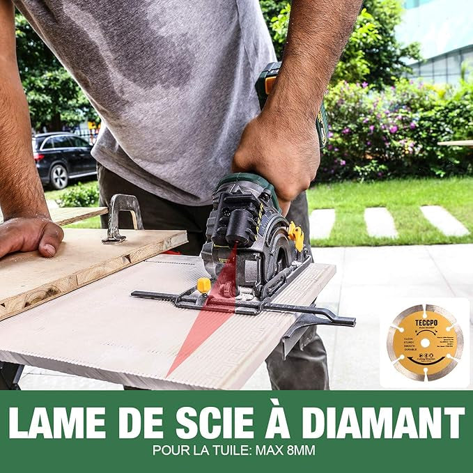 Scie Circulaire sans Fil TECCPO, 18V 4.0Ah Batterie, 4.0A Chargeur Rapide, Guide de Laser, Boîte de Transport, Vitesse 3,100 RPM, 3 Lames Ø 89mm, Convient à la Coupe du Bois, du Métal, des Carreaux