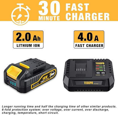 TECCPO Perceuse Visseuse sans Fil Brushless, 18V Perceuse a Percussion(60Nm), 30min Rapide Chargeur, 2×2.0Ah Batteries, 13mm Mandrin, 2 Vitesses (0-550/2000 tr/min), 35pcs Gratuit Accesoires-TDHD02P