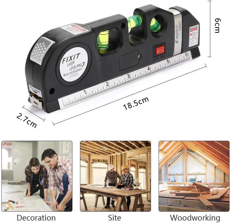 Niveau laser multifonctions, niveaux Intbase 3 Modes laser avec règle de mesure double face et ruban à mesurer 8 m / 2,5 m Niveau à bulle à 45 degrés Outil de mesure DIY (batterie incluse)