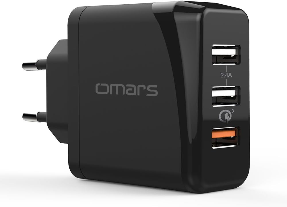 Omars Chargeur USB Secteur 30W, 1 x USB Quick Charge 3.0 & 2 x USB 5V 2.4A Total, Chargeur Mural Universel pour Samsung Galaxy S8 S8+ Note 8, HTC 10, LG G5 G6 Charge Rapide, iPhone X 8 8 Plus (Noir)