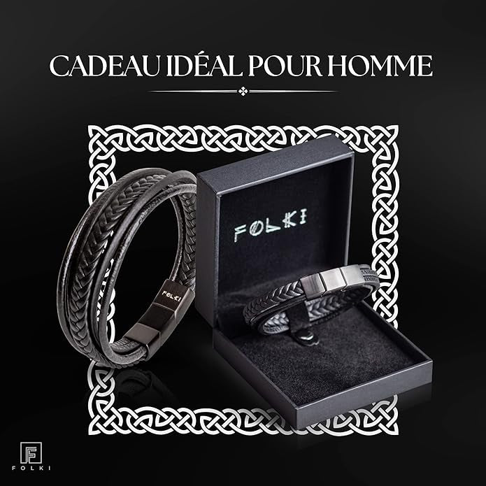 MBracelet Homme en Cuir Véritable Noir et Marron - Fermoir Magnétique en Acier Inoxydable - Bracelet en Cuir Tressé Multiple - Bijoux Homme avec Boîte de Luxe - Idée Cadeau pour Homme