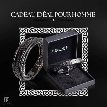 MBracelet Homme en Cuir Véritable Noir et Marron - Fermoir Magnétique en Acier Inoxydable - Bracelet en Cuir Tressé Multiple - Bijoux Homme avec Boîte de Luxe - Idée Cadeau pour Homme