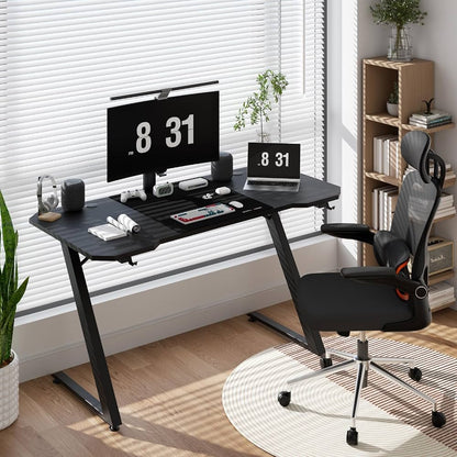 Bureau Gaming 120 x 60 cm, Bureau Gamer avec Tapis de Souris, Table Gaming PC en Fibre de Carbone avec Crochet pour Casque, Noir (Noir)