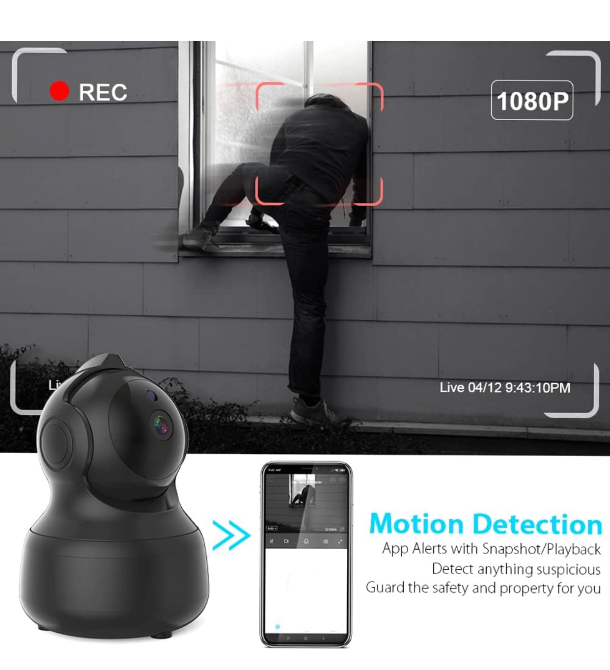 Caméra Surveillance WiFi 1080P IP sans Fil 2,4 G, Vision panoramique avec détection Mouvement neuve