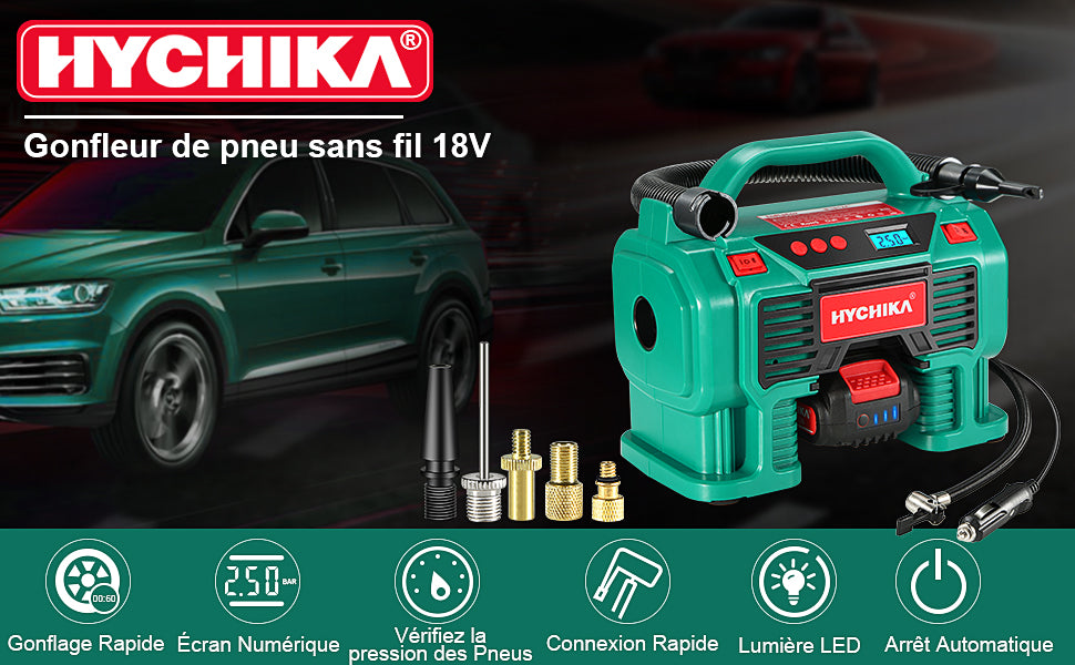 Compresseur d'air Portatif 18V HYCHIKA, Alimenté par 2A Batterie/Allume Cigare 2x2ah + chargeur neuf