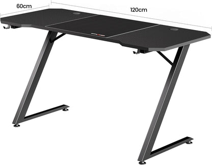 Bureau Gaming 120 x 60 cm, Bureau Gamer avec Tapis de Souris, Table Gaming PC en Fibre de Carbone avec Crochet pour Casque, Noir (Noir)