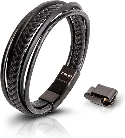 MBracelet Homme en Cuir Véritable Noir et Marron - Fermoir Magnétique en Acier Inoxydable - Bracelet en Cuir Tressé Multiple - Bijoux Homme avec Boîte de Luxe - Idée Cadeau pour Homme