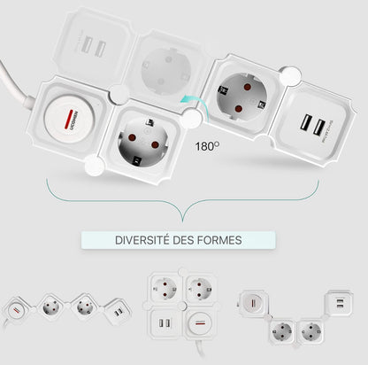 Multiprise Protection contre les surtensions Prise multiple avec fonction de charge USB, adaptateur de prise à 2 compartiments, répartiteur de prise à rotation de 180 degrés pour voyage avec interrupteur, à la maison 3680W 16A, blanc