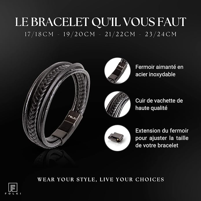 MBracelet Homme en Cuir Véritable Noir et Marron - Fermoir Magnétique en Acier Inoxydable - Bracelet en Cuir Tressé Multiple - Bijoux Homme avec Boîte de Luxe - Idée Cadeau pour Homme