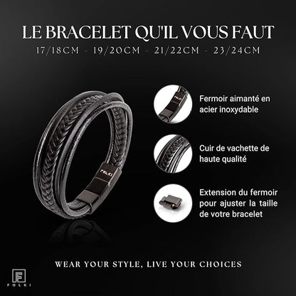 MBracelet Homme en Cuir Véritable Noir et Marron - Fermoir Magnétique en Acier Inoxydable - Bracelet en Cuir Tressé Multiple - Bijoux Homme avec Boîte de Luxe - Idée Cadeau pour Homme