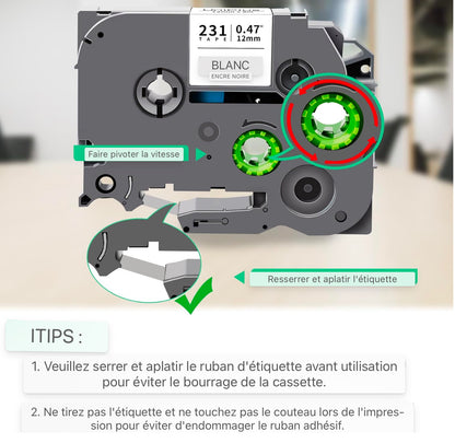 Compatible TZe-231 12mm TZe231 Ruban d'étiquettes Remplacement pour Brother TZe Ruban d'écriture Tz Tape 0,47 Noir sur blanc pour Brother P-Touch H100LB H105 H110 H107B 1010 1000 D600 E100 H200 P300BT D400