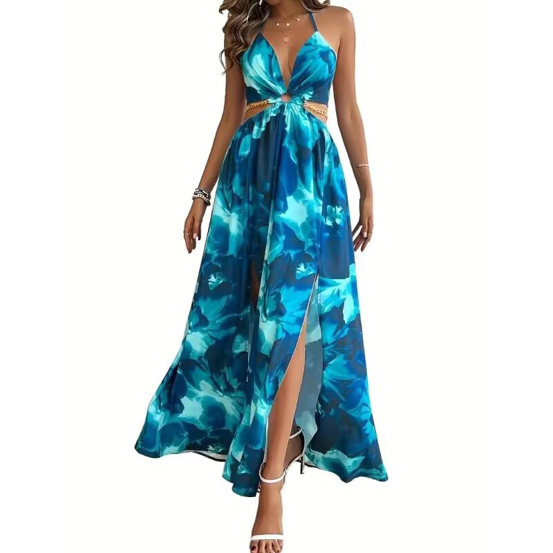 Robe "Flora-Chain" – Coupe Évasée, Dos Nu & Découpes Latérales avec Détail Chaîne
L'élégance florale sublimée par une touche d'audace