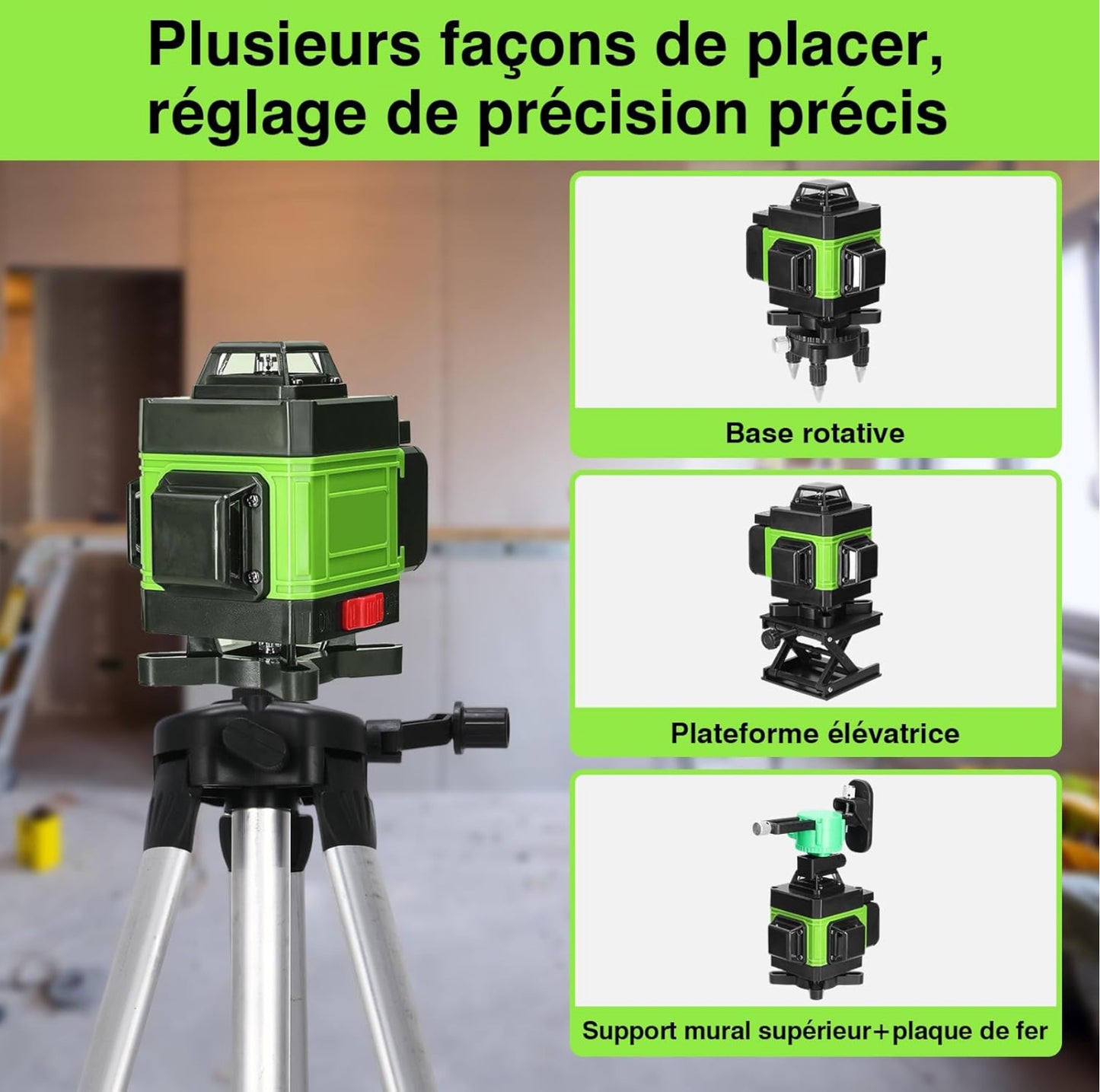 Niveau Laser 4D 16 Lignes ±3° Niveau Automatique, 2x2400 mAh Batteries Rechargeables IP54, 1.2M 3-Réglable trépied