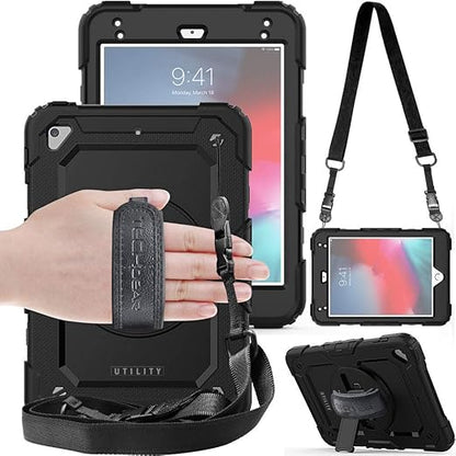 Coque pour iPad Mini 5ème Gén 2019 / iPad Mini 4 - Coque Rigide, Très Haute Protection Anti-Choc avec Support Pivotant 360 Degrés, Bandoulière Épaule et Prise Main - Noir