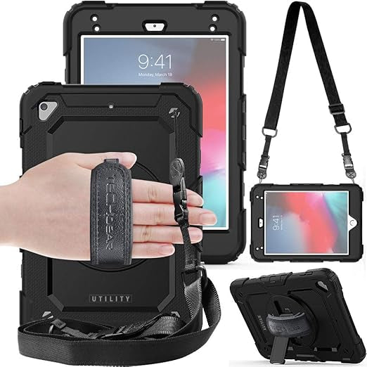 Coque pour iPad Mini 5ème Gén 2019 / iPad Mini 4 - Coque Rigide, Très Haute Protection Anti-Choc avec Support Pivotant 360 Degrés, Bandoulière Épaule et Prise Main - Noir