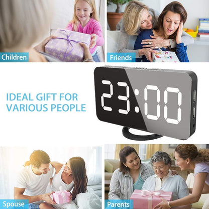 Réveil Numérique LED Miroir Horlogue Digital Réveil de Chevet Réveil Matin Miroir Maquillage Fonction Snooze, Lumière de Nuit, Luminosité Réglable, Double Ports USB Charger Téléphones Intelligents
