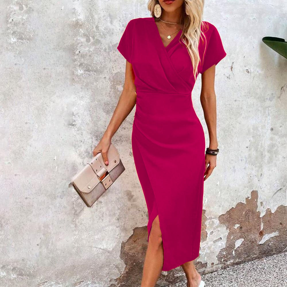 Robe "Lumina-Split" – Coupe Ajustée, Col en V Croisé & Fente Latérale Séduisante