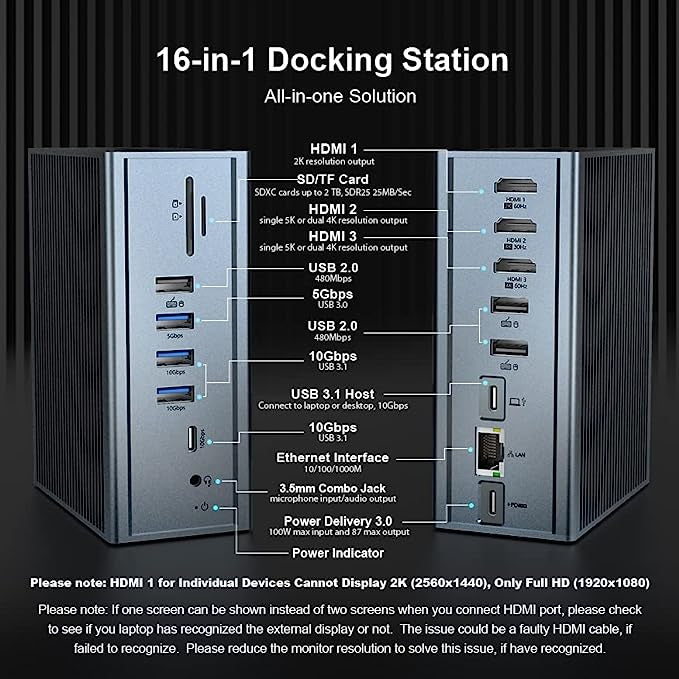 Station d'accueil 16en1 HDMI 100W PD USB-A/C 10Gbps MacBook Pro/Air Charge PD