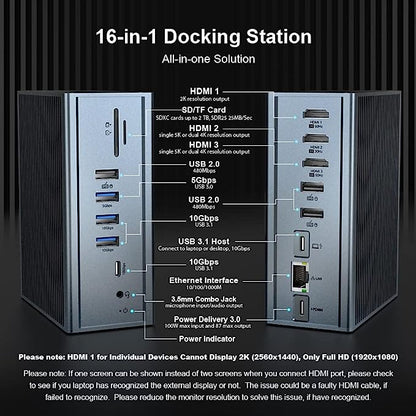 Station d'accueil 16en1 HDMI 100W PD USB-A/C 10Gbps MacBook Pro/Air Charge PD