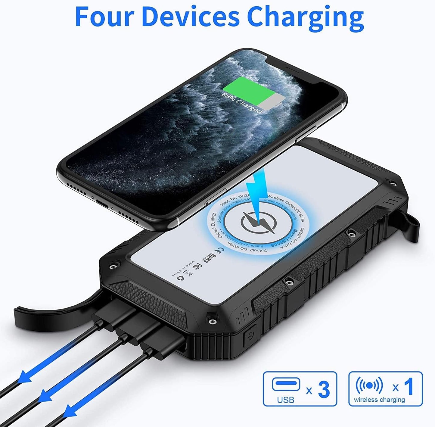 Batterie Externe Solaire 26800mAh,Chargeur Solaire avec 3 Outputs Batterie Externe avec Lampe de Poche Wireless Chargeur Portable pour Camping Outdoor Compatible avec Phone, Android