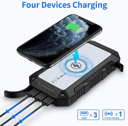 Batterie Externe Solaire 26800mAh,Chargeur Solaire avec 3 Outputs Batterie Externe avec Lampe de Poche Wireless Chargeur Portable pour Camping Outdoor Compatible avec Phone, Android