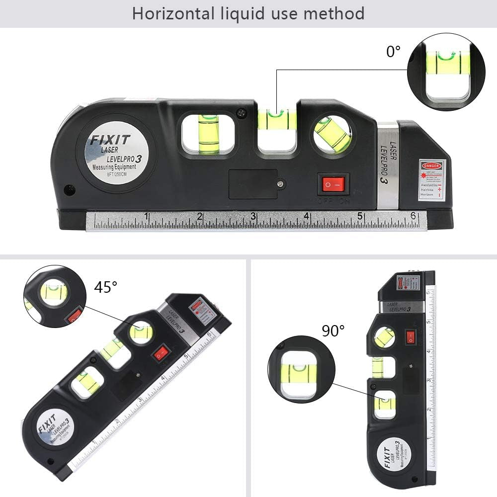 Niveau laser multifonctions, niveaux Intbase 3 Modes laser avec règle de mesure double face et ruban à mesurer 8 m / 2,5 m Niveau à bulle à 45 degrés Outil de mesure DIY (batterie incluse)