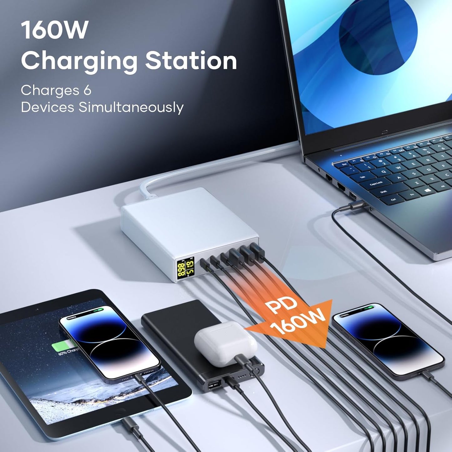 Chargeur Rapide USB C, 160W GaN 6-Port avec LED Display, Chargeur Secteur Multiple avec 3 USB-C et 3 USB-A PPS PD 3.0 für Macbook Pro/Air Laptop iPhone iPad Samsung