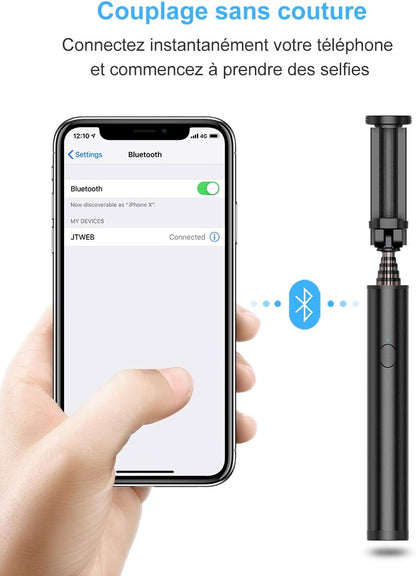 Perche Selfie Bluetooth 3 en 1 Ultra-Léger, Bâton Stick Réglable Télescopique, pour iPhone XS/XS Max/XR/X / 8 / 8P / 7 / 7P / 6s / 6/5, Galaxy S9 / 8/7/6 / Note, Huawei, Nubia, Xiaomi
