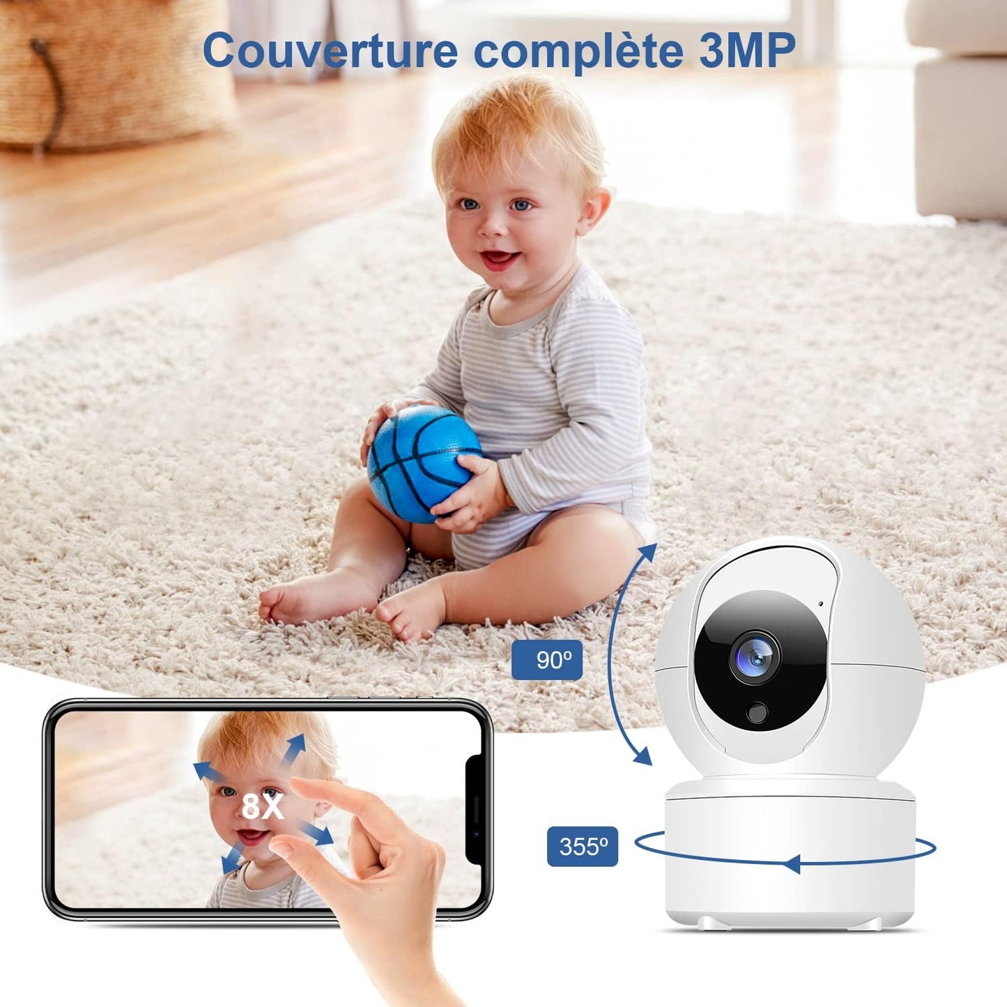 Camera Surveillance WiFi intérieure 2K HD Alarme, sans Fil Vision Nocturne, Audio bidirectionnel