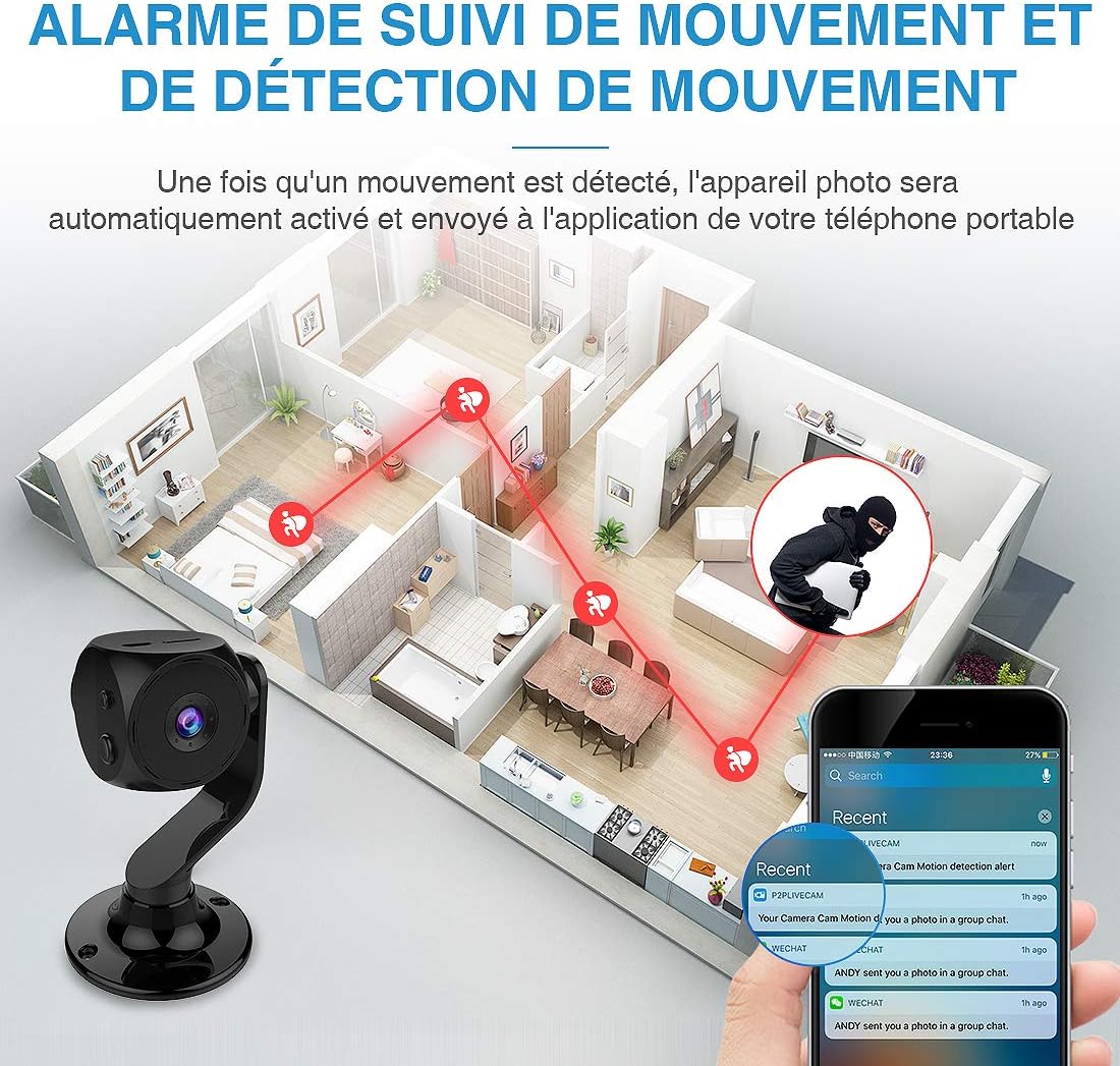Mini Camera Espion,KEAN Micro Caméra de Surveillance WiFi sans Fil sur 5 Heures Batteries FHD Camera Miniature IP Cachée Spy avec Vision Nocturne et Détection de Mouvement pour de Sécurité Intérieure