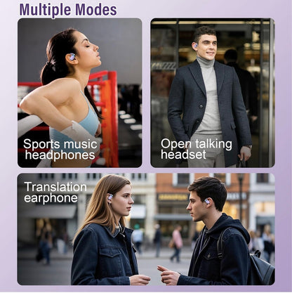 AI Ecouteur Traducteur Instantané, 58H Bluetooth 5.4 Ecouteurs sans Fil Open Ear avec 164 Langues, 3 en 1 Écouteur Traduction Vocale Instantanée, 7 Modes de Traduction, pour Affaires, Violet