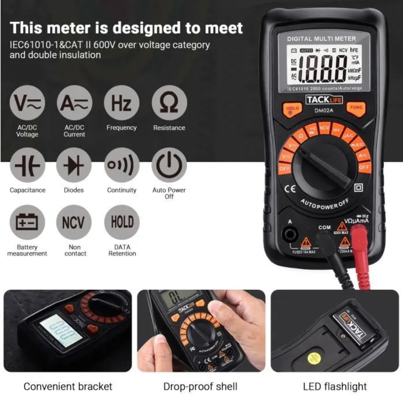 Multimètre Numérique Classique, Multi-Testeur TACKLIFE avec Détection de Tension sans Contact, Ecran LCD Rétroéclairé - DM02A