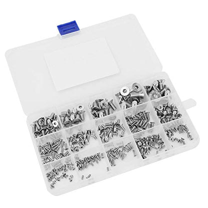 Ensemble de vis à bouton plat hexagonal de 320 pièces, M2 M3 M4 M5 Vis à tête fraisée 304 Vis en acier inoxydable Écrous et rondelles Ensembles d'assortiment avec boîte de rangement