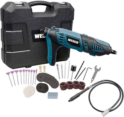 WESCO - WS3113KU.1 Kit d'outils rotatifs, 7 vitesses variables, 82 accessoires, 35 000 tr/min, arbre extensible, bloc sans clé, pour sculpter, polir, couper, graver