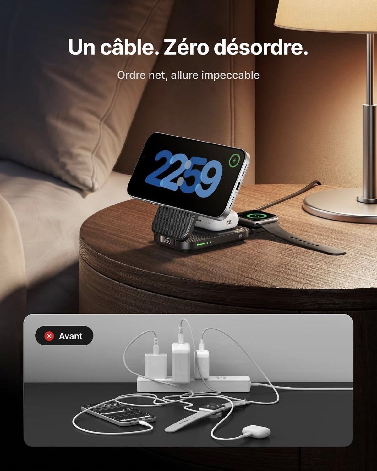 Chargeur Induction 3 en 1, 15W Qi2 Chargeur sans Fil Magnétique
Pliable, Idéal pour Voyages, Station de Charge Rapide Mag-Safe pour Apple Watch iPhone 18-12 AirPods (avec Adaptateur USB C)
