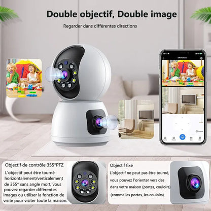 Caméra Surveillance WiFi Sans Fil Interieur 2MP+2MP Double Objectif Babyphone