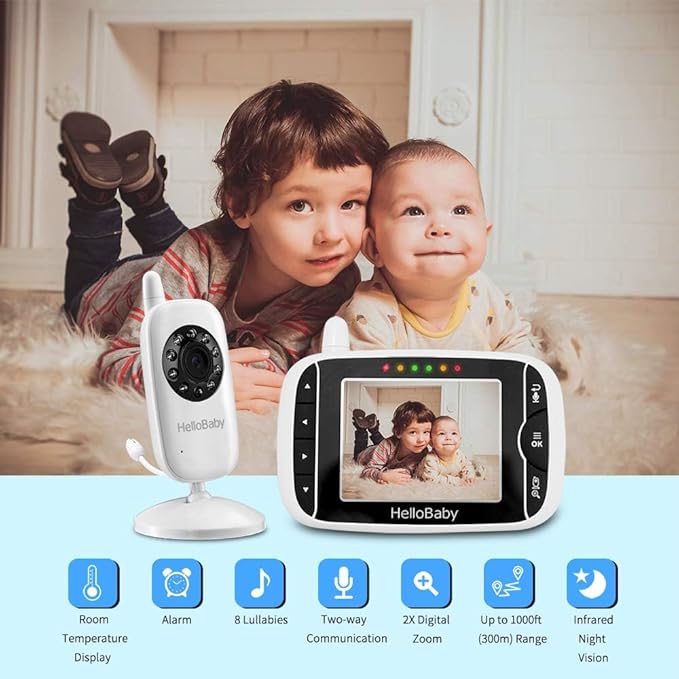 HelloBaby Babyphone HB32 Moniteur Vidéo sans Fil avec Appareil Photo Numérique, Camera Bebe Surveillance de la Température de Vision Nocturne et Système de Communication Bidirectionnelle