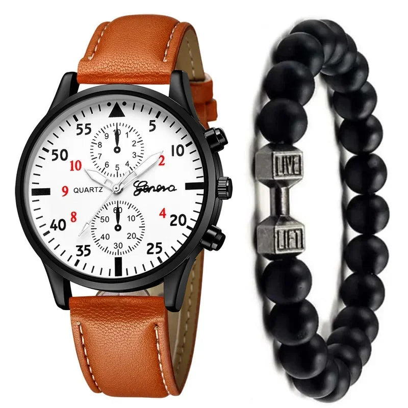 4/2/1pcs Hommes Sports Montres Set Homme Business Quartz Wristwatch Luxury Bracelet en cuir marron Montre décontractée pour hommes (pas de boîte)
