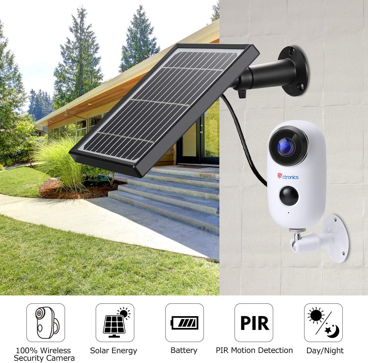Ctronics Caméra de Surveillance Batteries Rechargeable WiFi, Caméra Batterie WiFi extérieure sans Fil avec détecteur de Mouvement PIR, Audio bidirectionnel, Vision Nocturne, étanche (Panneau Solaire)