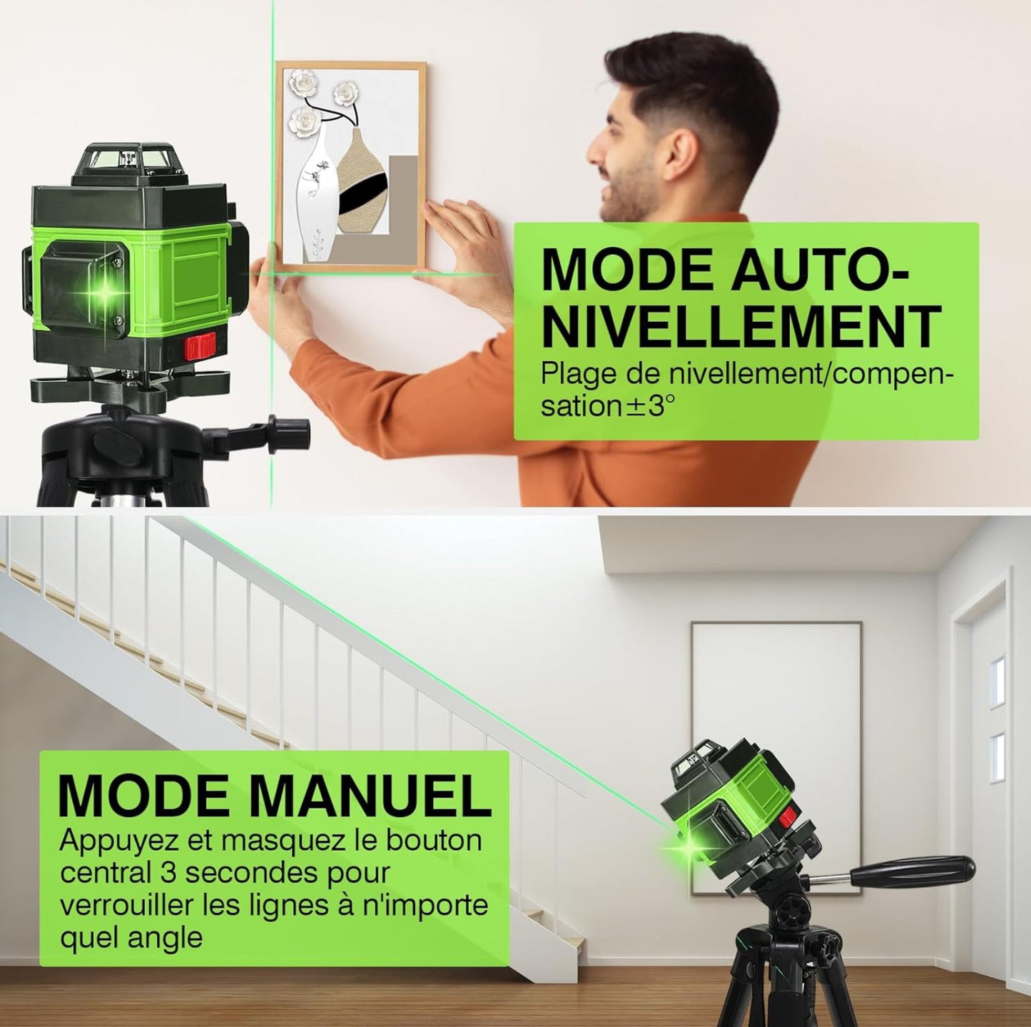Niveau Laser 4D 16 Lignes ±3° Niveau Automatique, 2x2400 mAh Batteries Rechargeables IP54, 1.2M 3-Réglable trépied