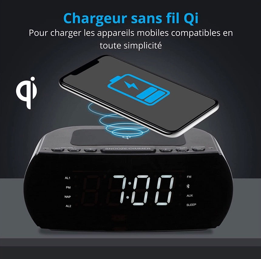 MEDION Radio-réveil avec Station de Charge sans Fil (Radio-réveil FM numérique, Qi Pad de Charge Rapide pour Smartphones, Bluetooth, Sleep Timer, réveil, variateur, AUX, USB) Noir