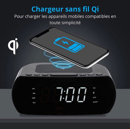 MEDION Radio-réveil avec Station de Charge sans Fil (Radio-réveil FM numérique, Qi Pad de Charge Rapide pour Smartphones, Bluetooth, Sleep Timer, réveil, variateur, AUX, USB) Noir